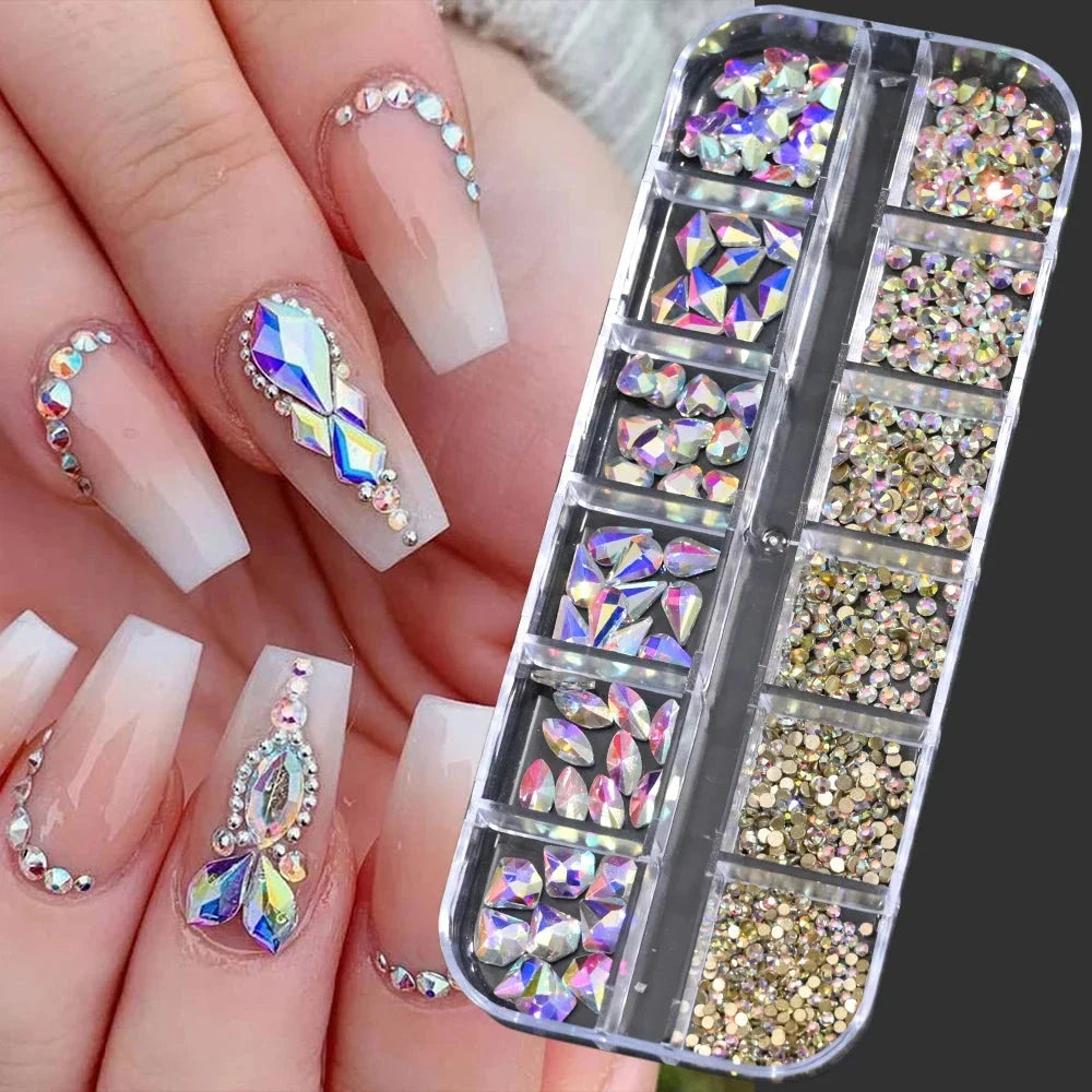12 Grids Mixed Nail Rhinestones - SS6-SS30 Flat-Back Glass Gems for Nail Art