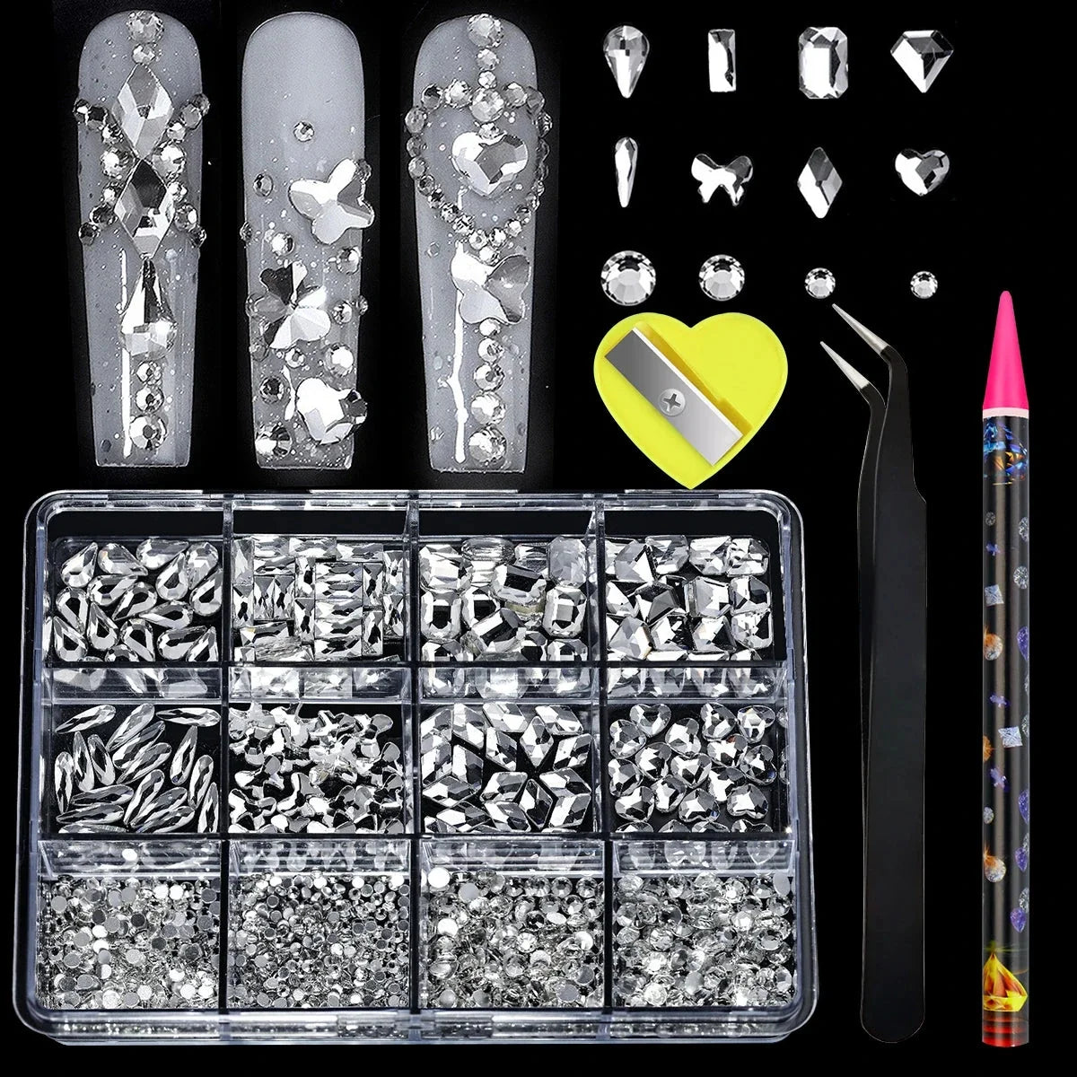 12 Grid Diamond Jewelry Set for Nail Art - Luxe Rhinestone Decorations