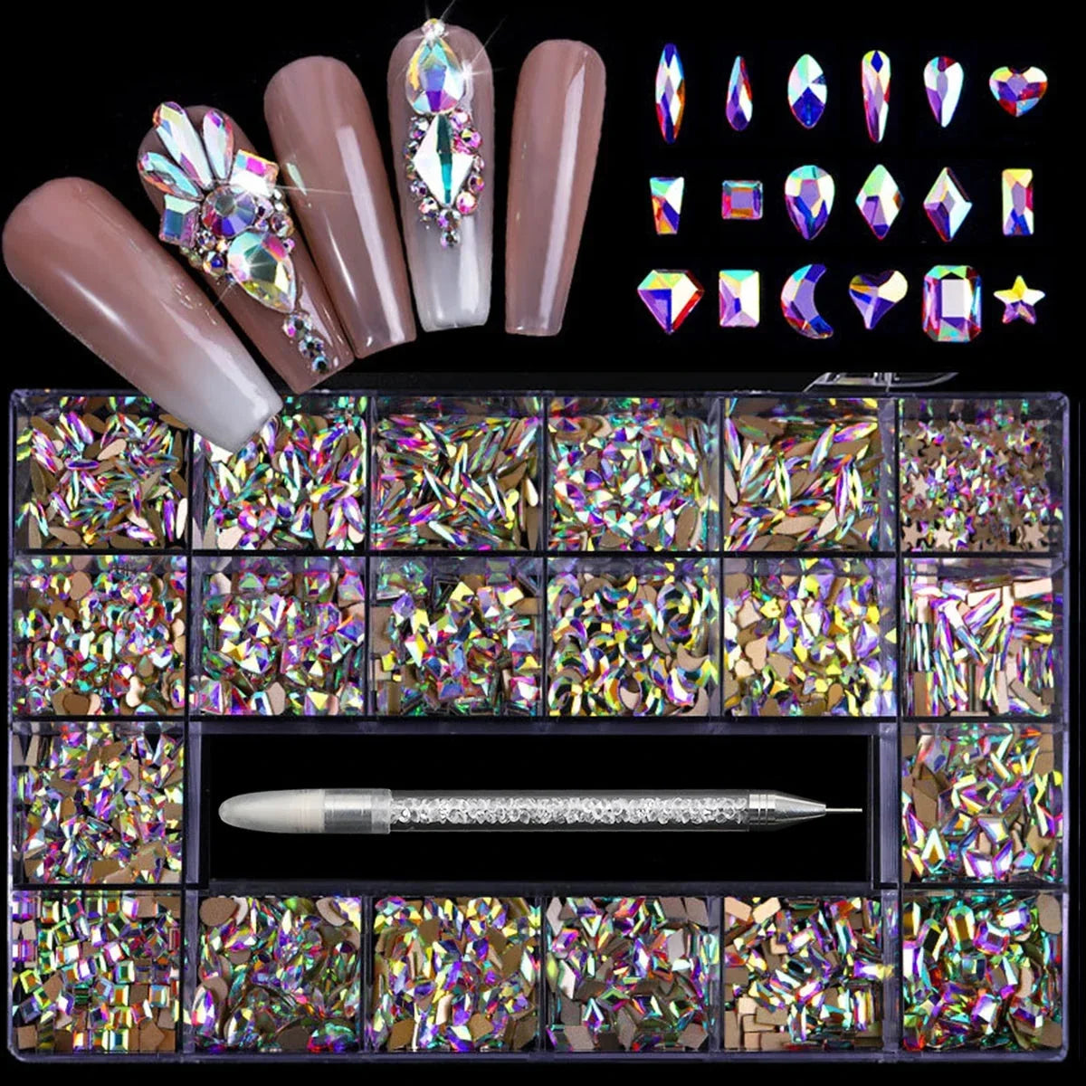 21 Grid Nail Art Rhinestone Set - Multi-Style Flat Bottom Glass Diamonds
