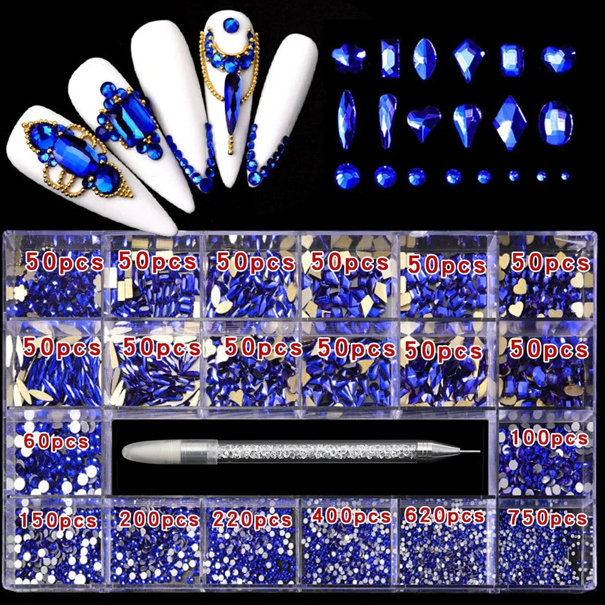 21 Grid Nail Art Rhinestone Set - Multi-Style Flat Bottom Glass Diamonds