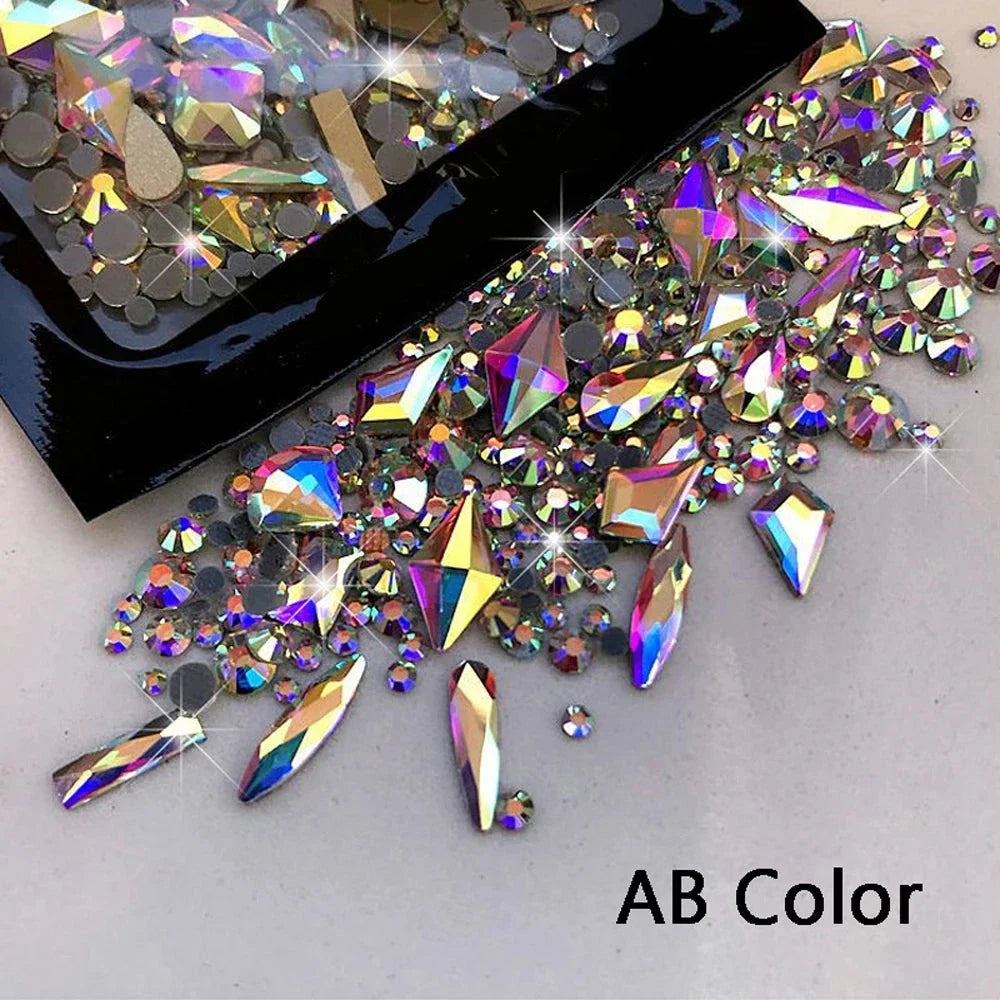 180pcs AB Flatback Glass Nail Rhinestones - Multi-Shape Gems for DIY Nail Art