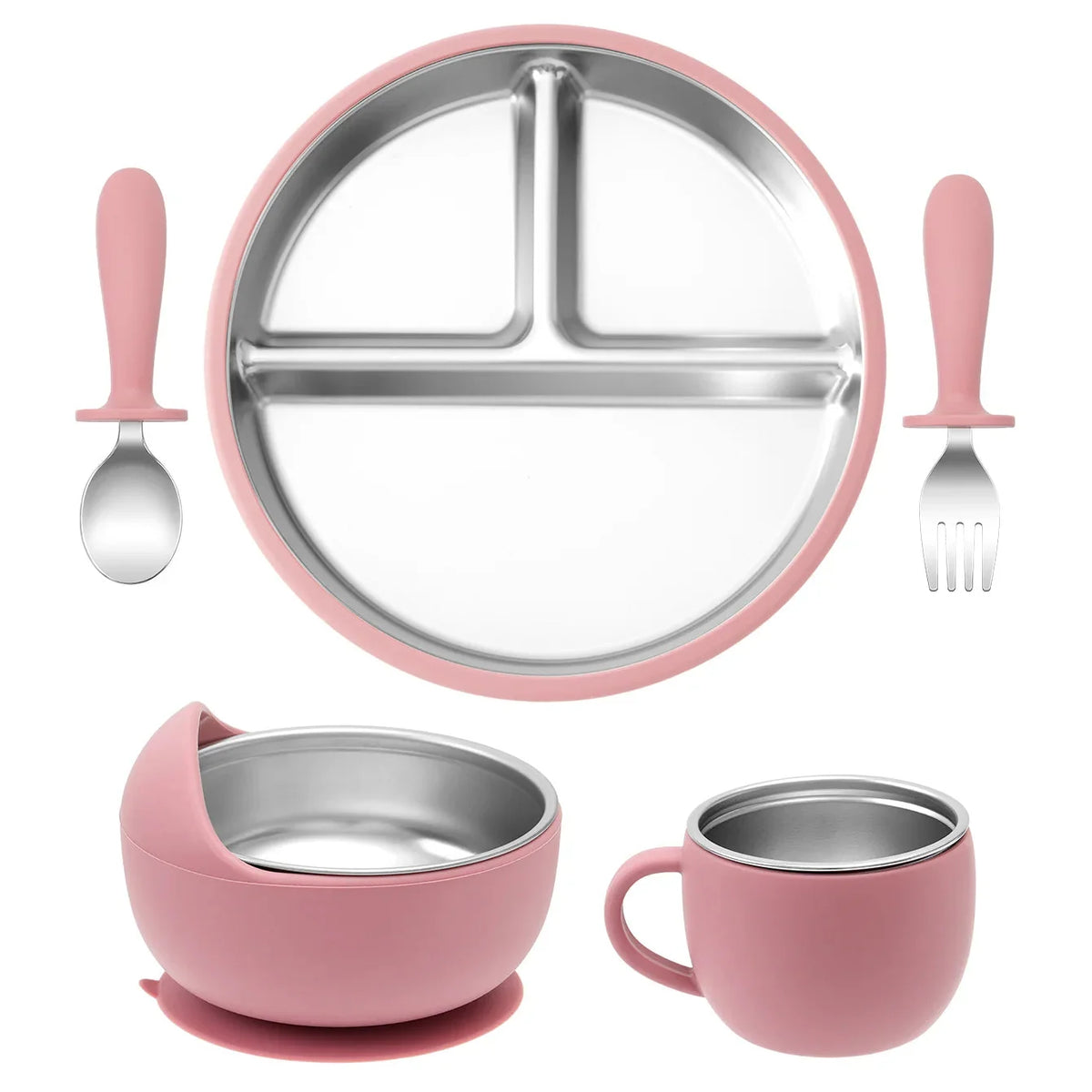 5PCS Baby Feeding Set Stainless Steel Plates with Silicone Sucker