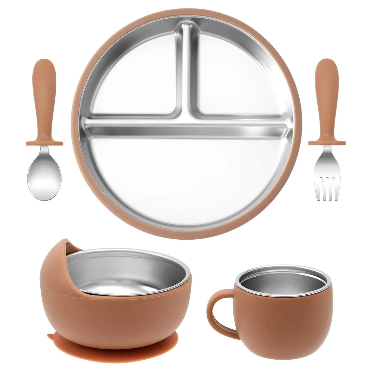 5PCS Baby Feeding Set Stainless Steel Plates with Silicone Sucker