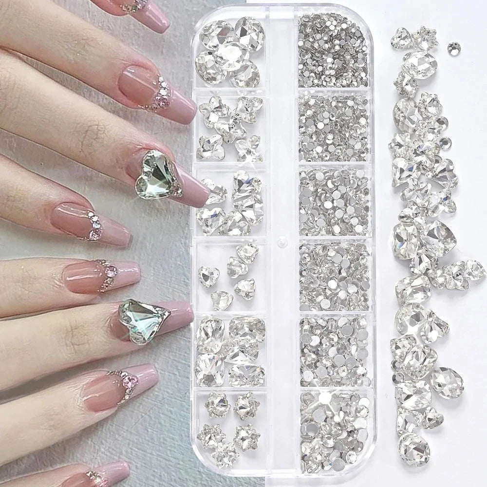180pcs AB Flatback Glass Nail Rhinestones - Multi-Shape Gems for DIY Nail Art