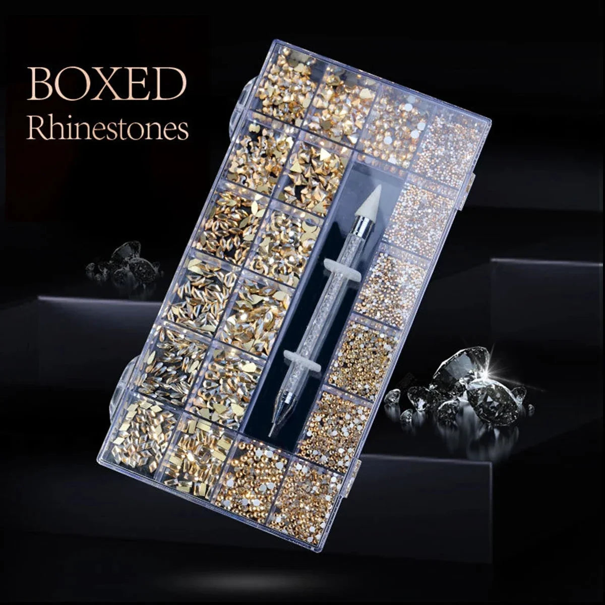 21 Grid Nail Art Rhinestone Set - Multi-Style Flat Bottom Glass Diamonds