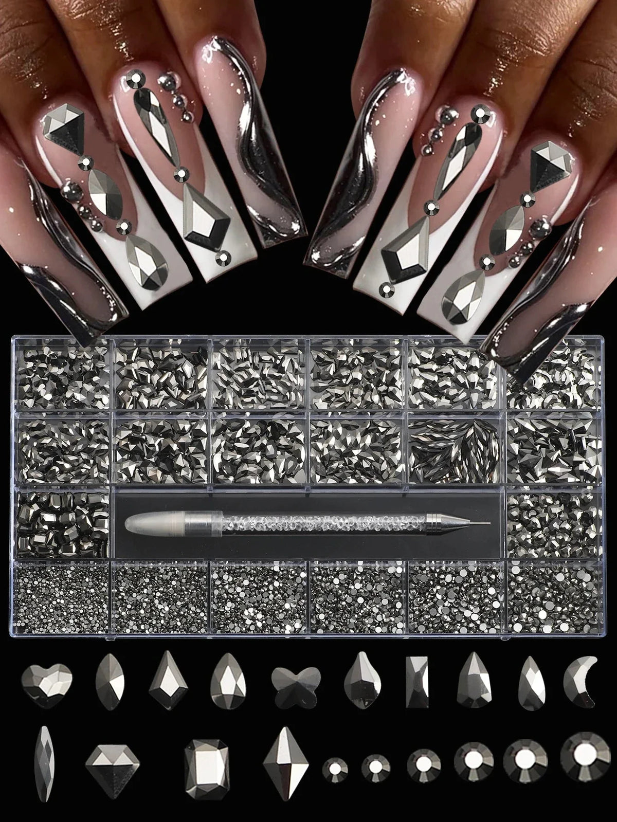 21 Grid Nail Art Rhinestone Set - Multi-Style Flat Bottom Glass Diamonds