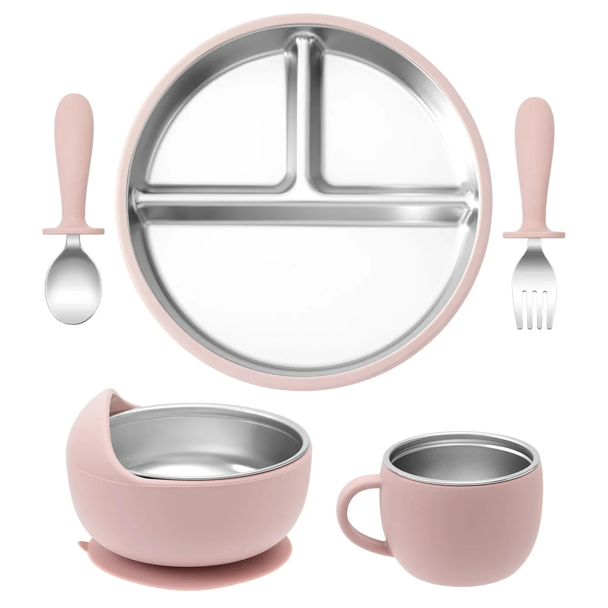 5PCS Baby Feeding Set Stainless Steel Plates with Silicone Sucker