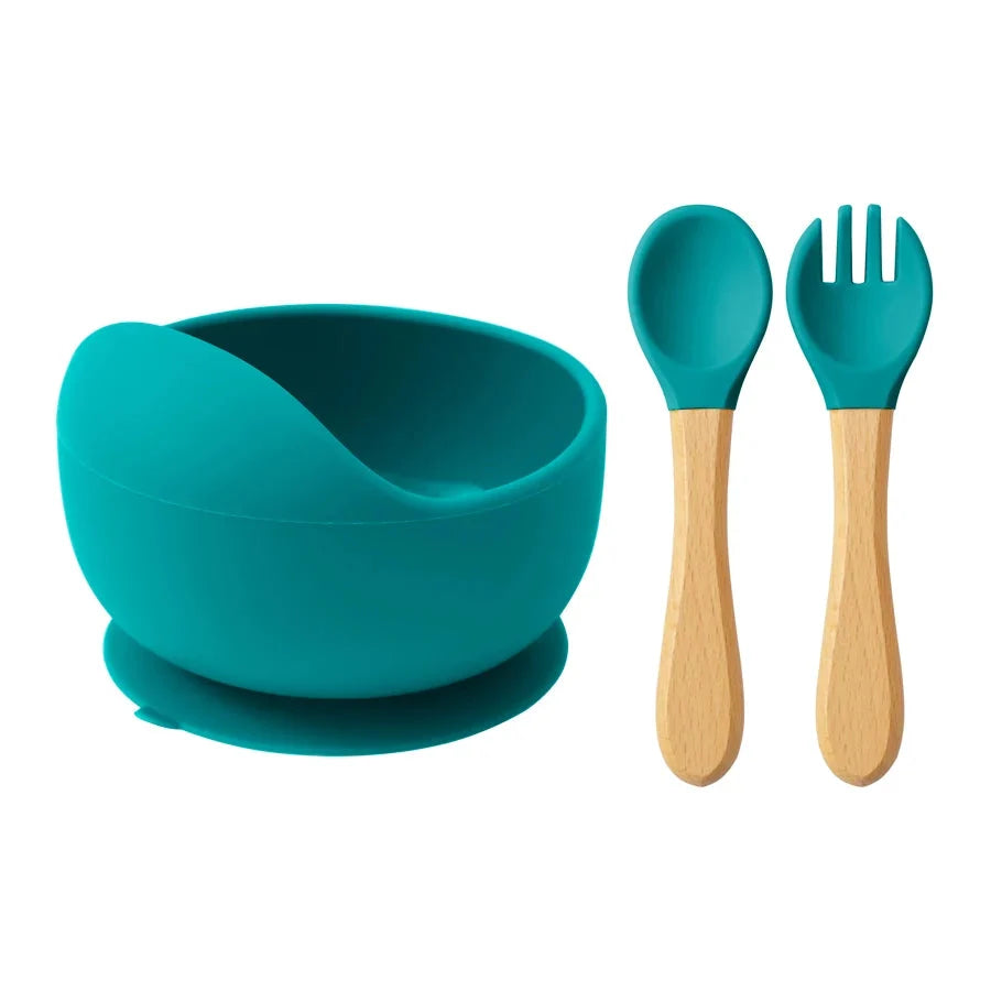 Mamaplan 3PCS Baby Silicone Feeding Set Suction Bowl Spoon Fork