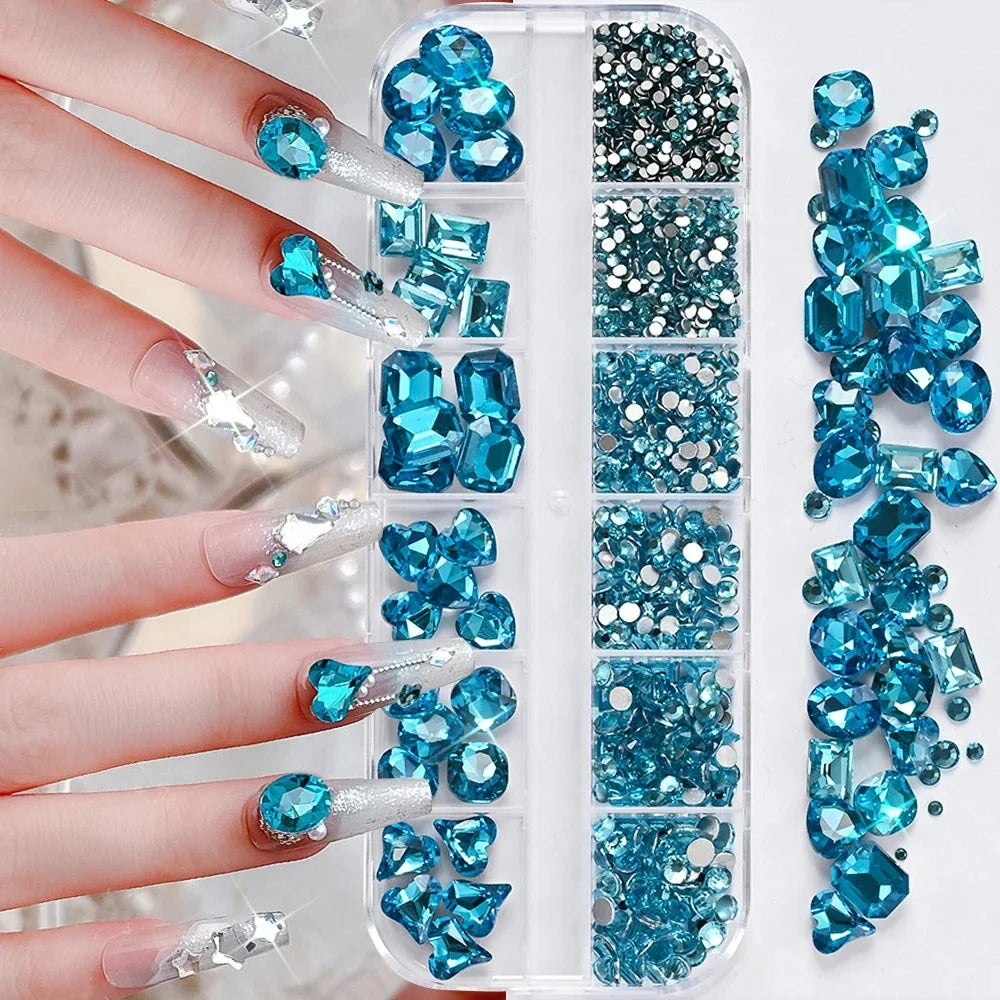 180pcs AB Flatback Glass Nail Rhinestones - Multi-Shape Gems for DIY Nail Art