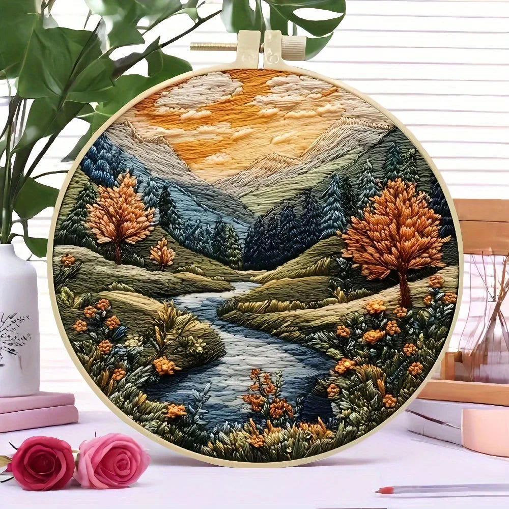 Beginners Hand Embroidery Kit - Mountain & Moon Landscape with Fabric & Threads