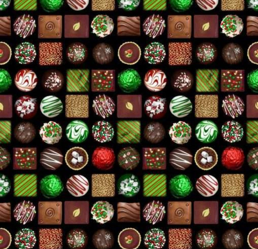 Christmas Confections On Black 100% Cotton Fabric Price per Yard