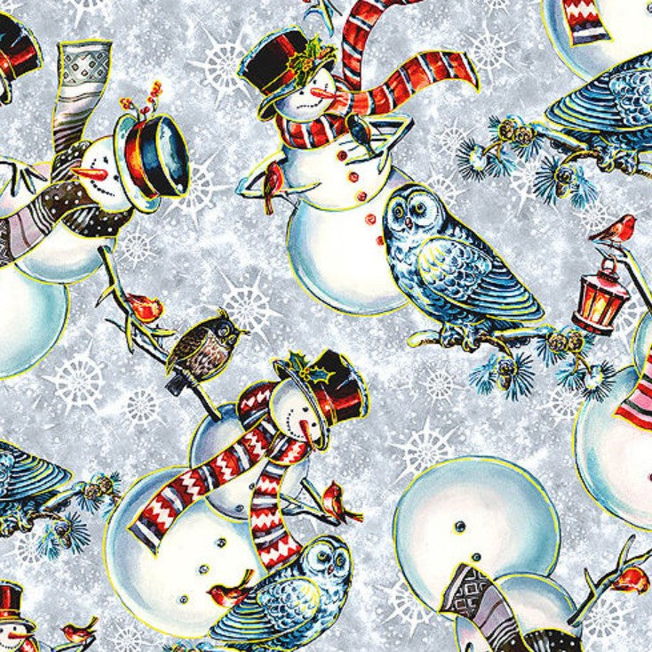 Christmas Noel Snowmen with Owls on Blue 100% Cotton Price per Yard
