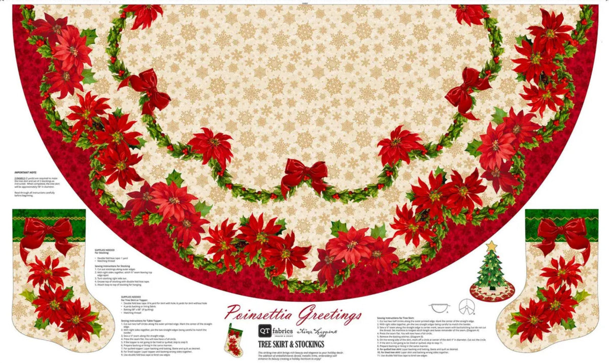 Christmas 2-PACK Poinsettia 56 Inch Tree Skirt and Stockings Panel on Cream 100% Cotton Fabric