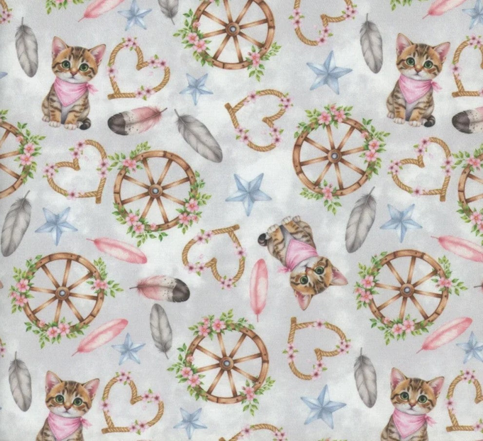 Tossed Cats Kittens Western Icons on Grey 100% Cotton Price per Yard  Novelty