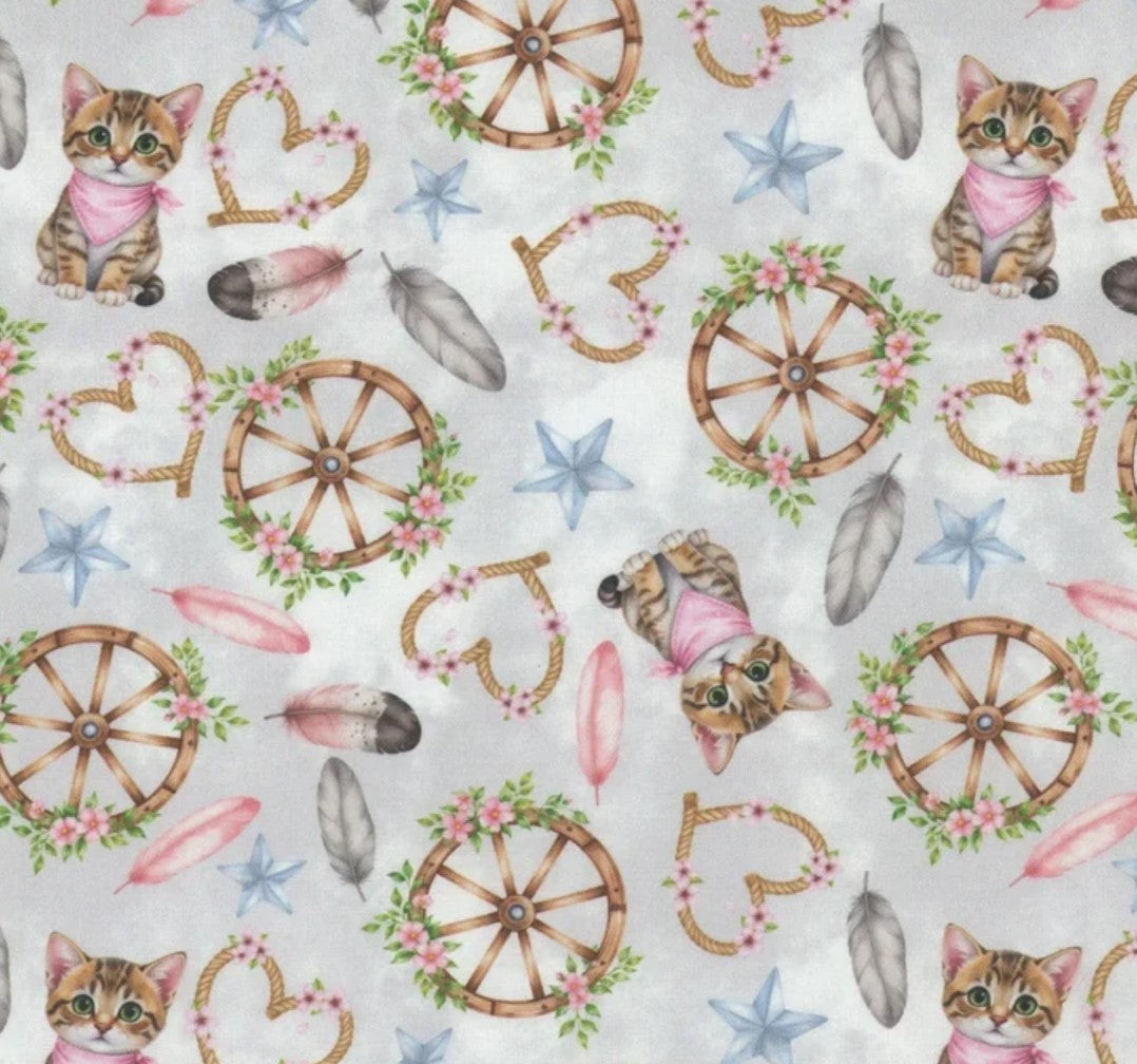 Tossed Cats Kittens Western Icons on Grey 100% Cotton Price per Yard  Novelty