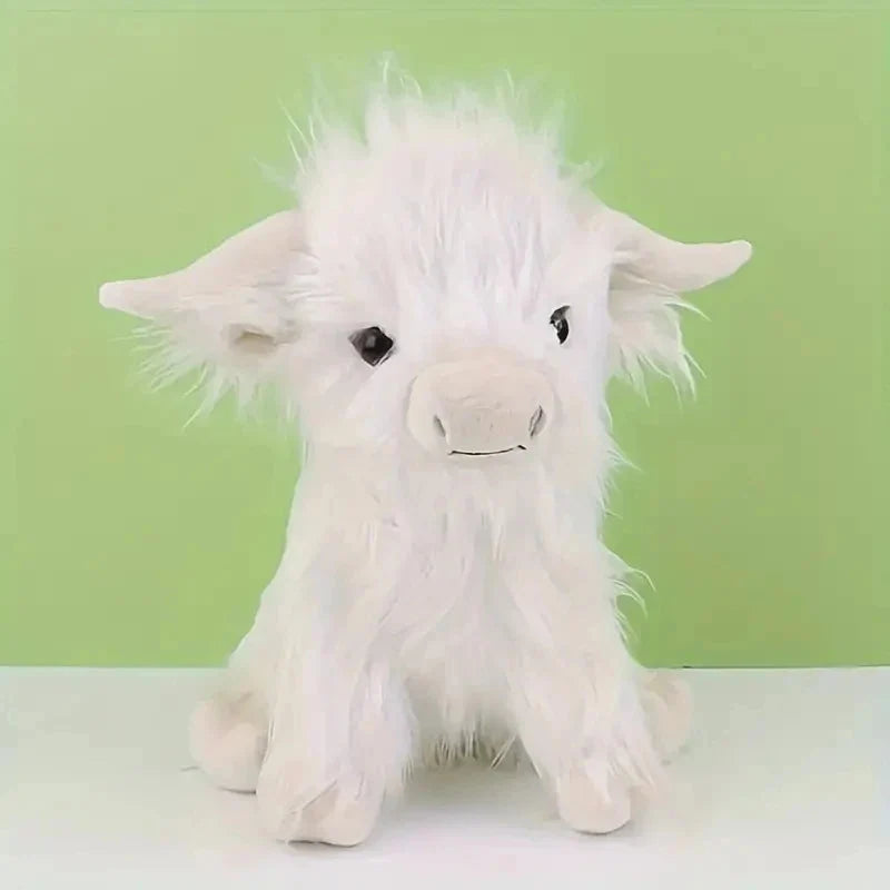 30cm Simulation Kyloe Cream Highland Cow Animal Plush Doll Soft Stuffed Highland Cow Cattlle Plushie Gift for Kids Boys Girls
