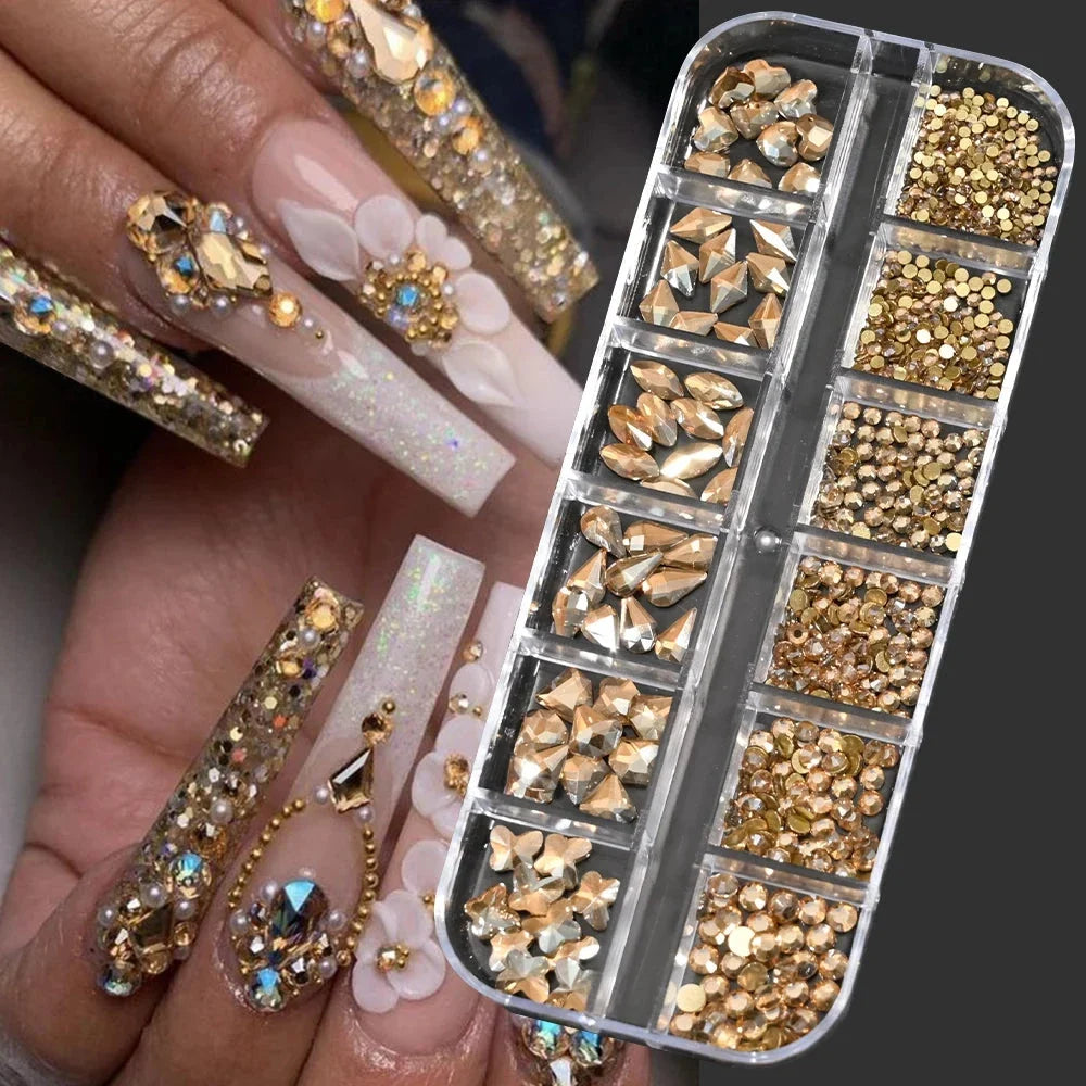 12 Grids Mixed Nail Rhinestones - SS6-SS30 Flat-Back Glass Gems for Nail Art