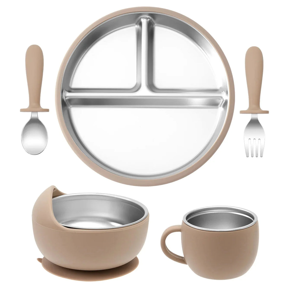 5PCS Baby Feeding Set Stainless Steel Plates with Silicone Sucker