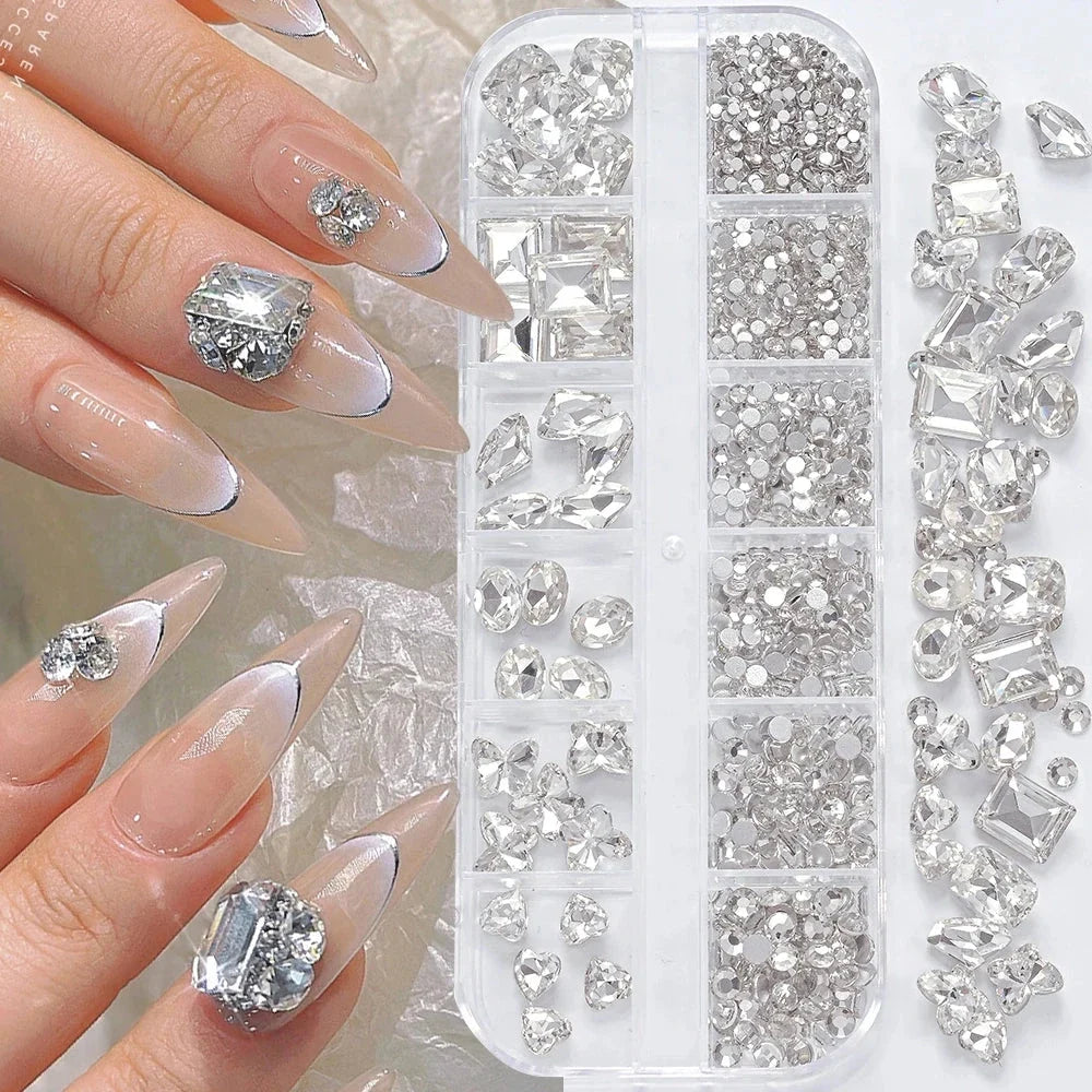 180pcs AB Flatback Glass Nail Rhinestones - Multi-Shape Gems for DIY Nail Art