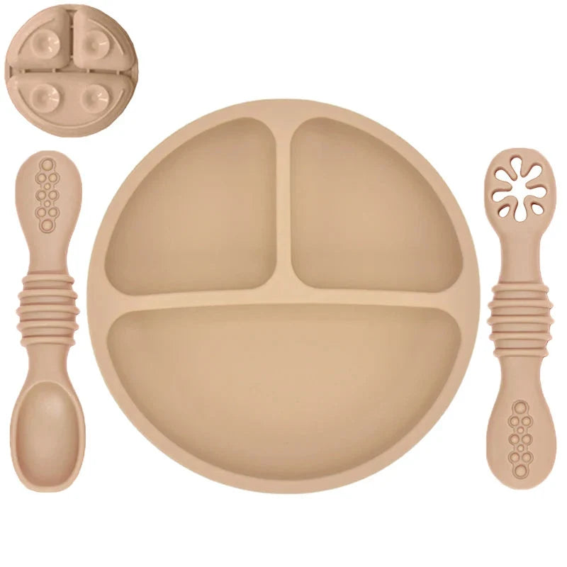Silicone Baby Sucker Plate & Rice Spoon Set Cute Cartoon Tableware