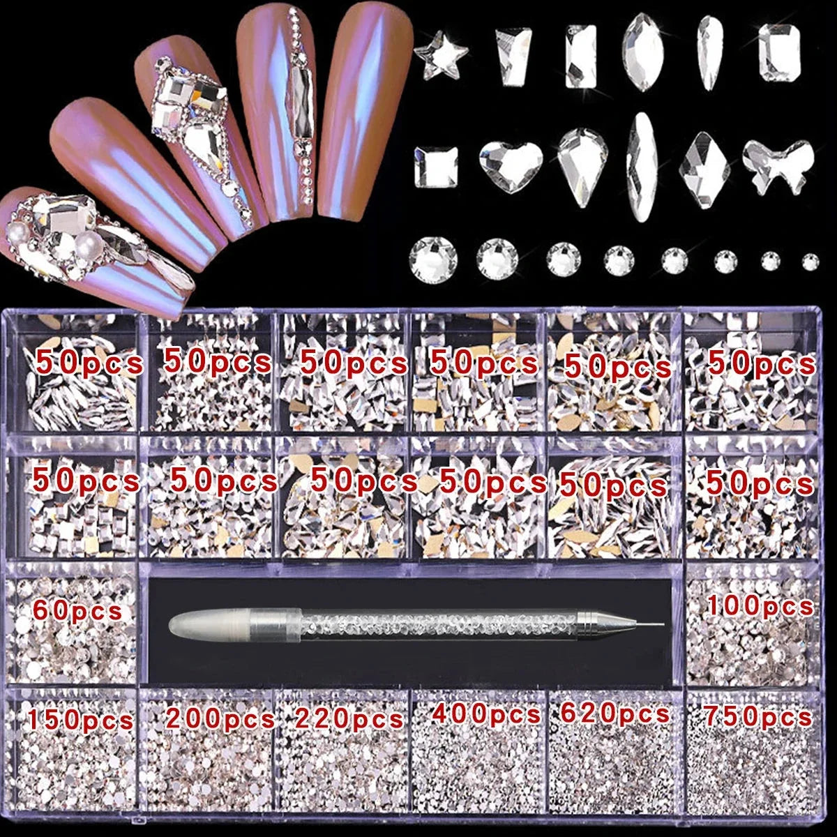 21 Grid Nail Art Rhinestone Set - Multi-Style Flat Bottom Glass Diamonds