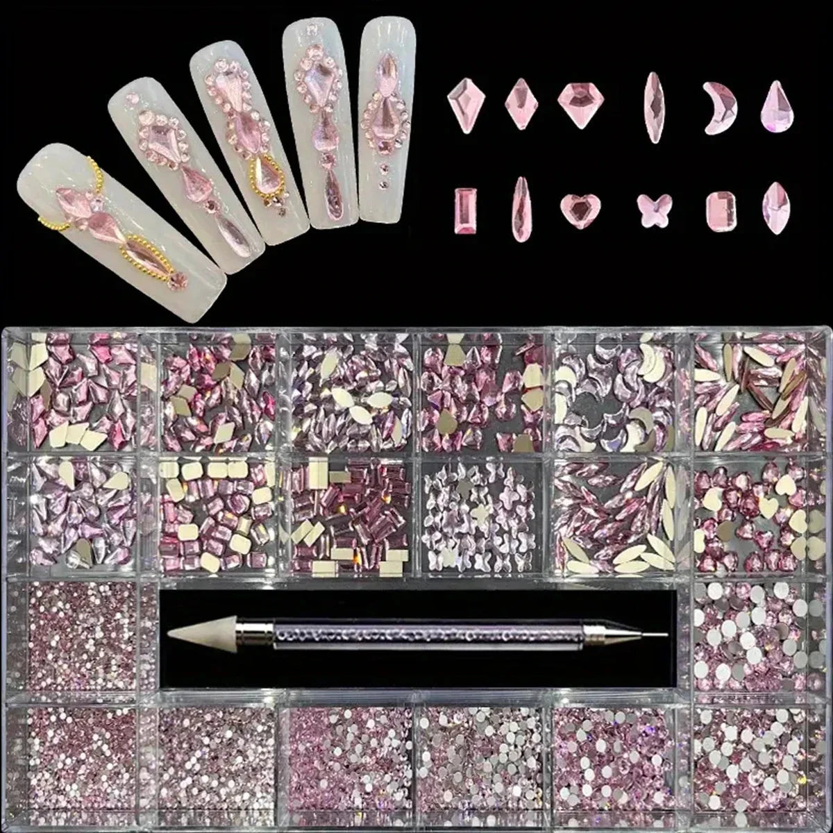 21 Grid Nail Art Rhinestone Set - Multi-Style Flat Bottom Glass Diamonds