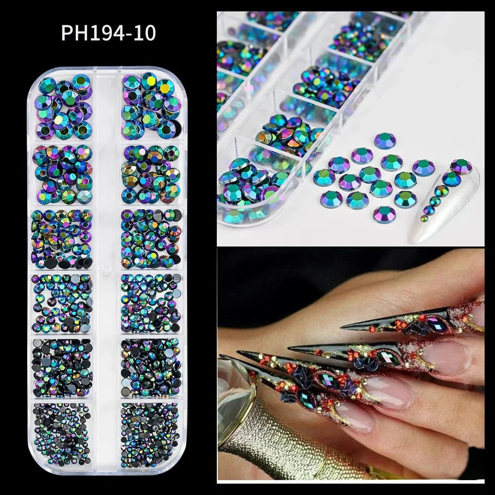 12 Grids Mixed Nail Rhinestones - SS6-SS30 Flat-Back Glass Gems for Nail Art