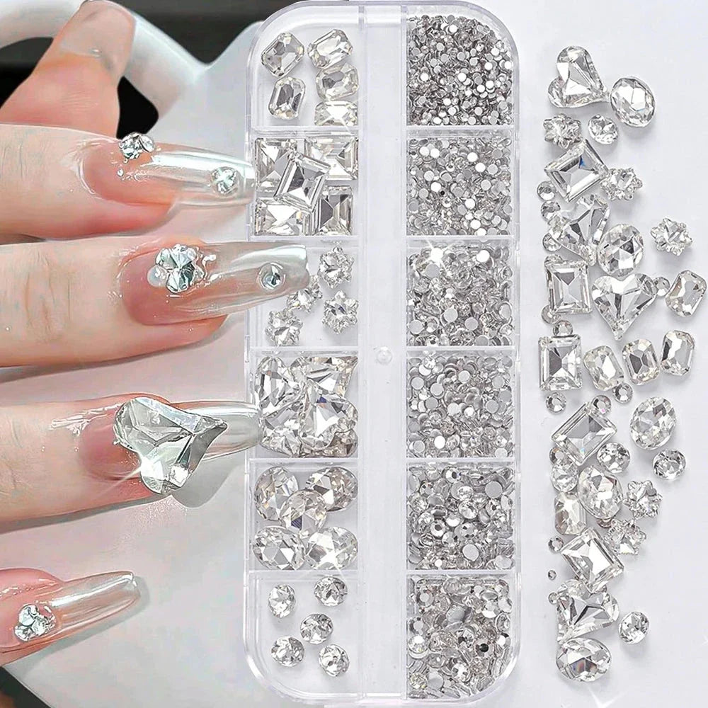 180pcs AB Flatback Glass Nail Rhinestones - Multi-Shape Gems for DIY Nail Art