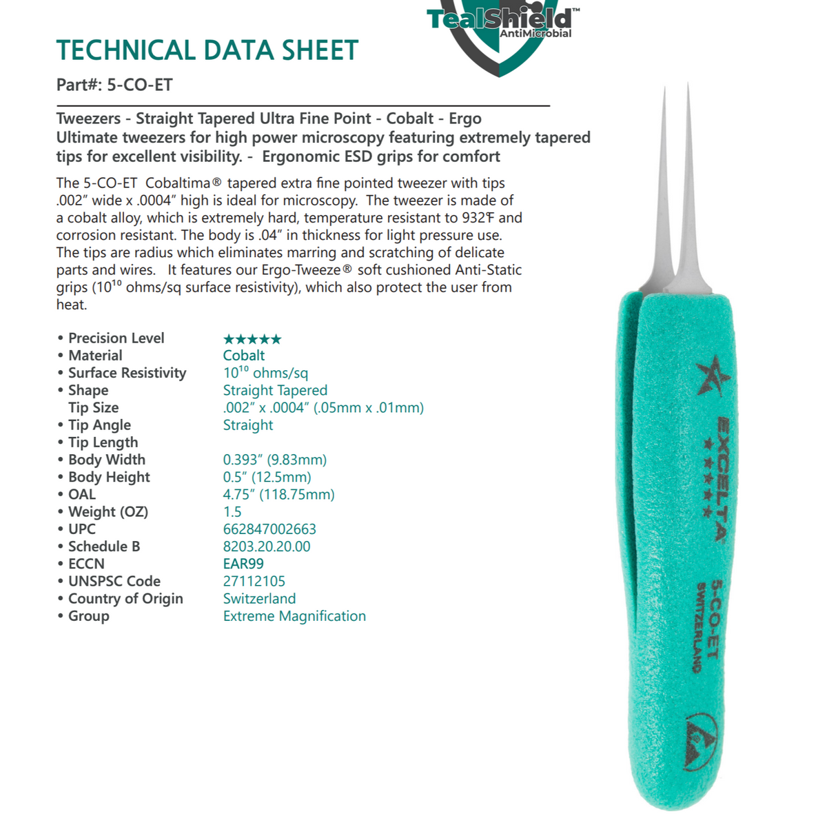 Ultra Fine Pointed Tweezer, Tapered, 5-CO-ET Cobaltima®, Excelta