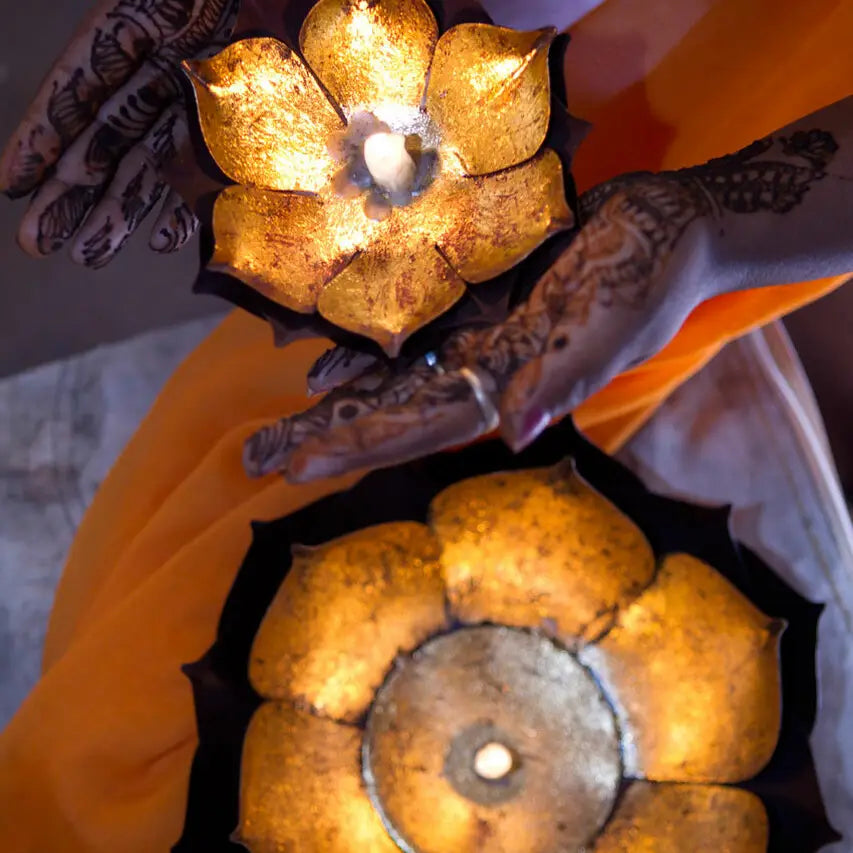 Gold Leafed Metal Lotus Candle Bowl - Small