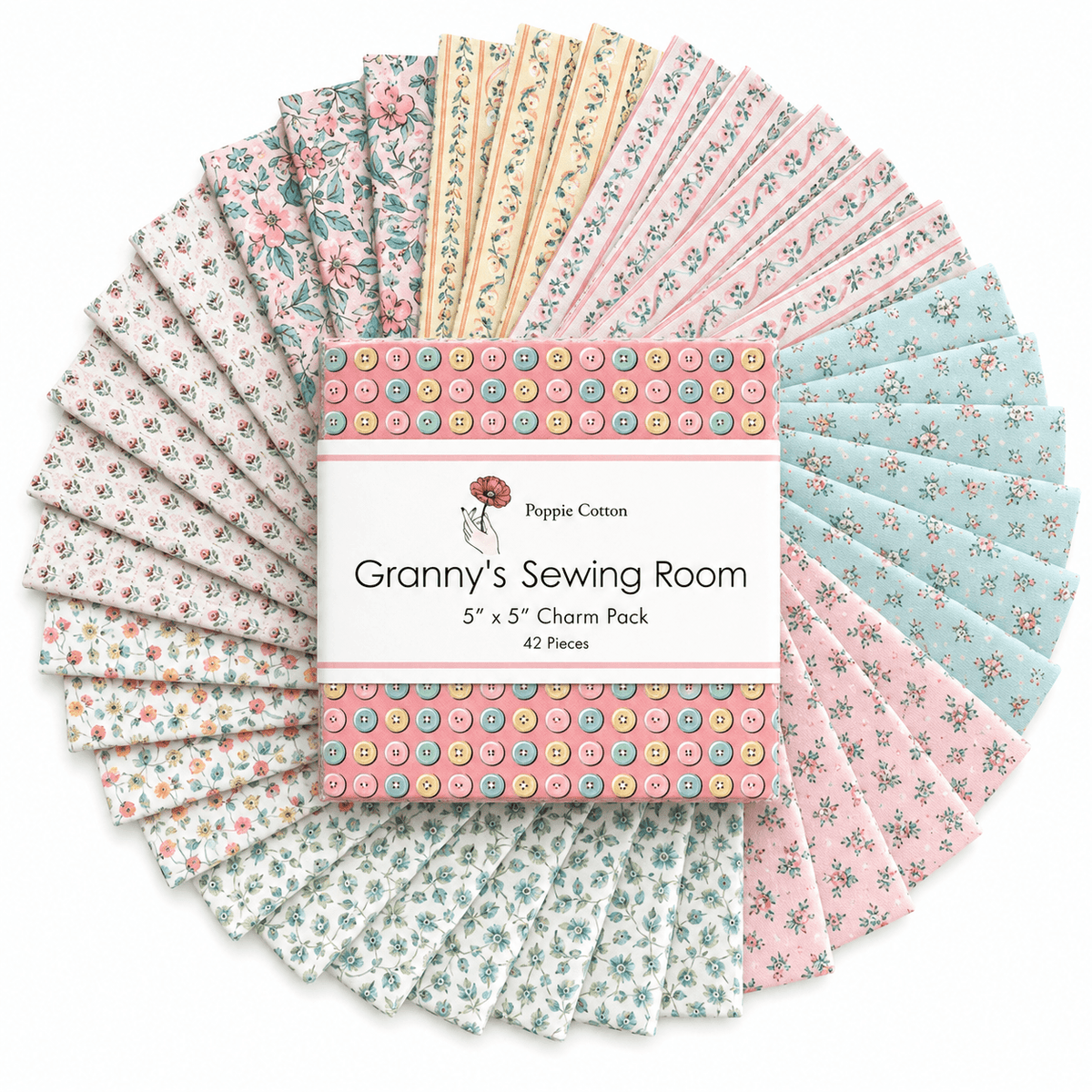 Granny's Sewing Room by Poppie Cotton - 5"x5" Charm Pack (42 Squares)