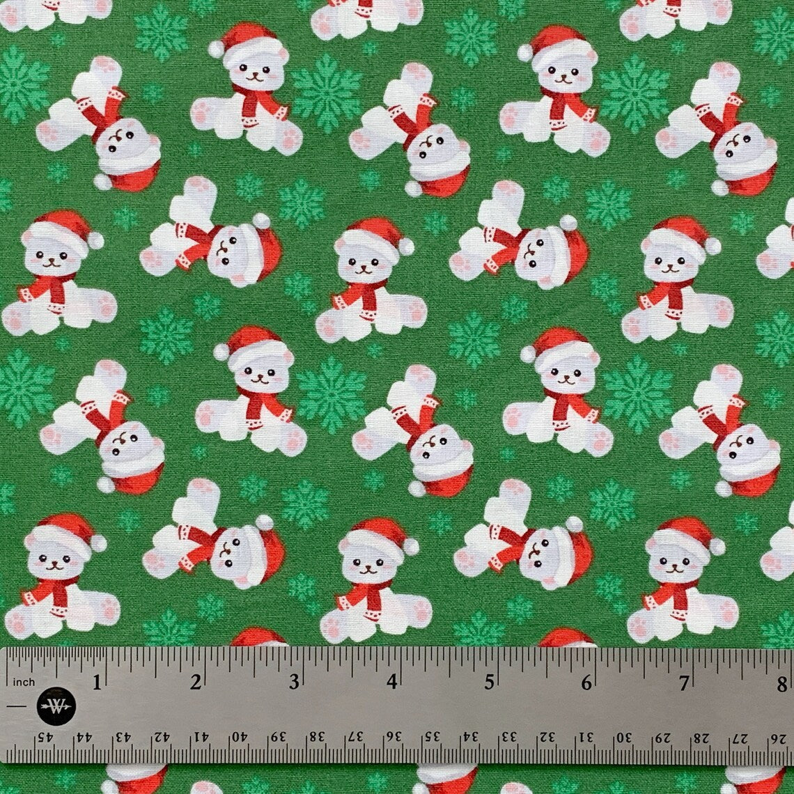 Christmas Teddy Bears and Snowflakes on Green 100% Cotton Fabric
