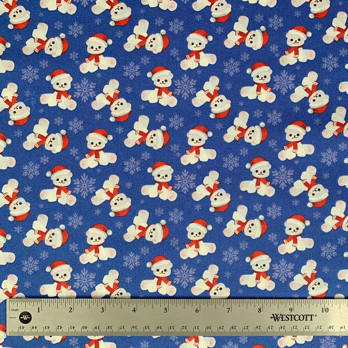 Christmas Teddy Bears and Snowflakes on Blue 100% Cotton Fabric