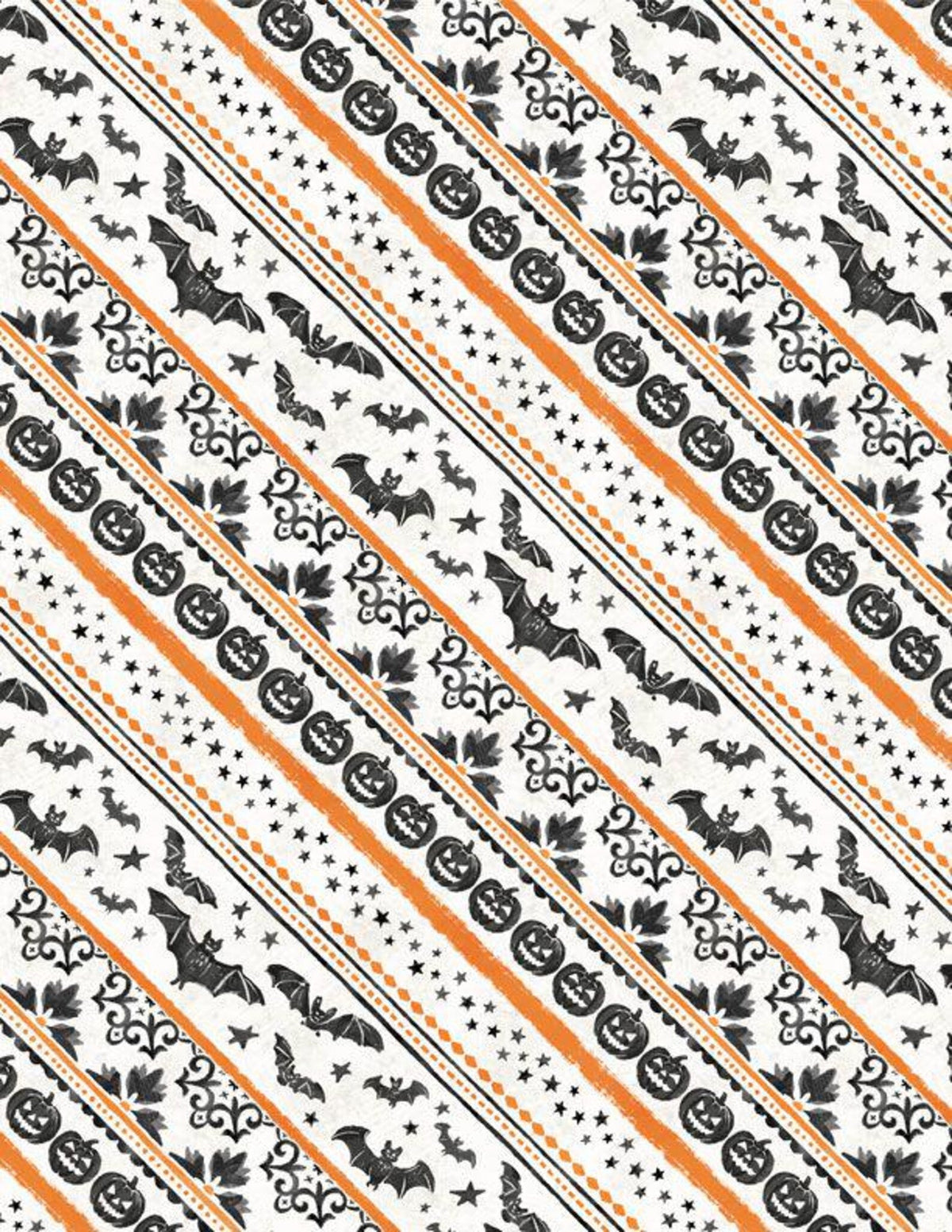 Halloween Orange Ticking Diagonal Stripe Bats Pumpkins on White