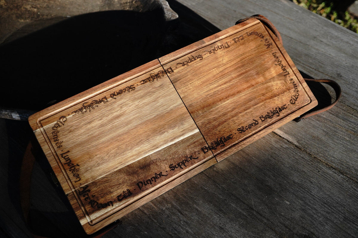 Leather Handle Hobbit Meals Acacia Wood Folding Travel Cutting Board with Internal Utensil Storage