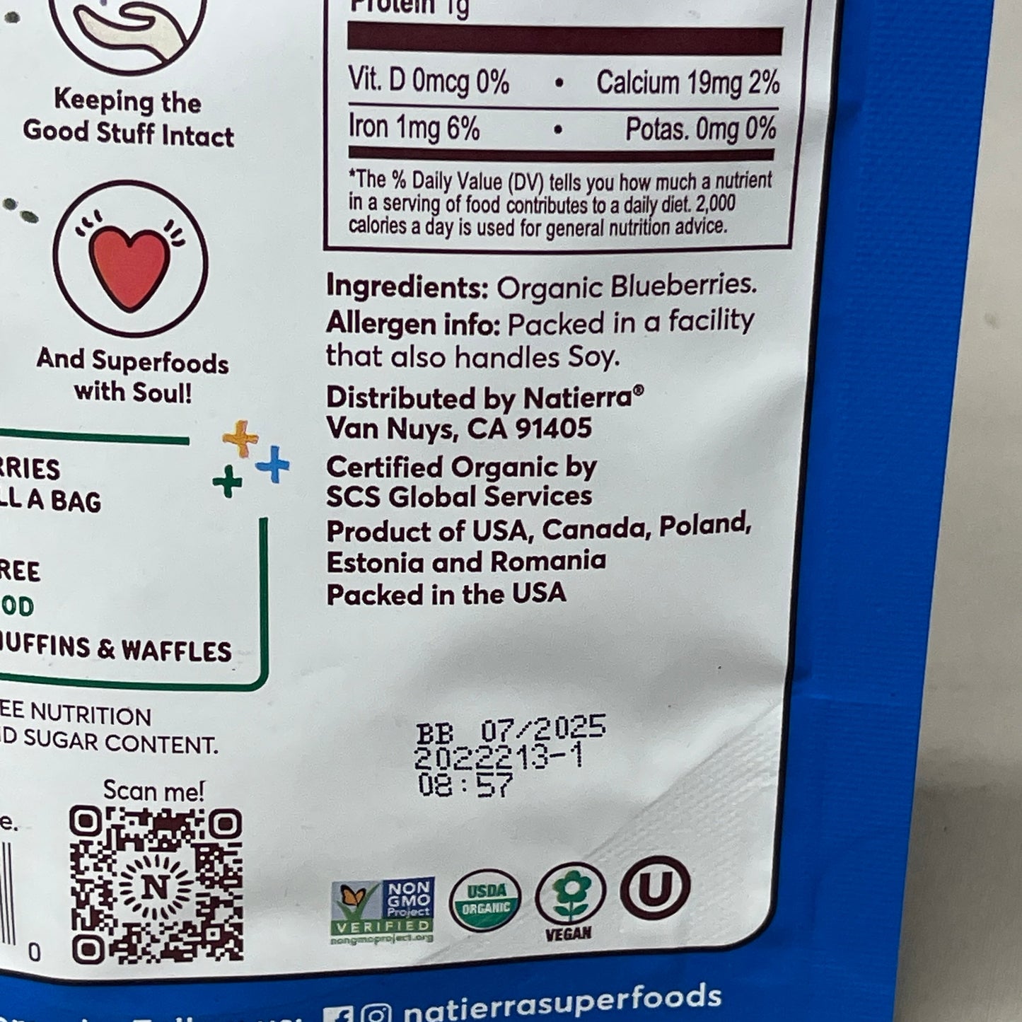 NATIERRA Nature & Earth Freeze-Dried Organic Blueberries 1.2oz -3 packs (New)