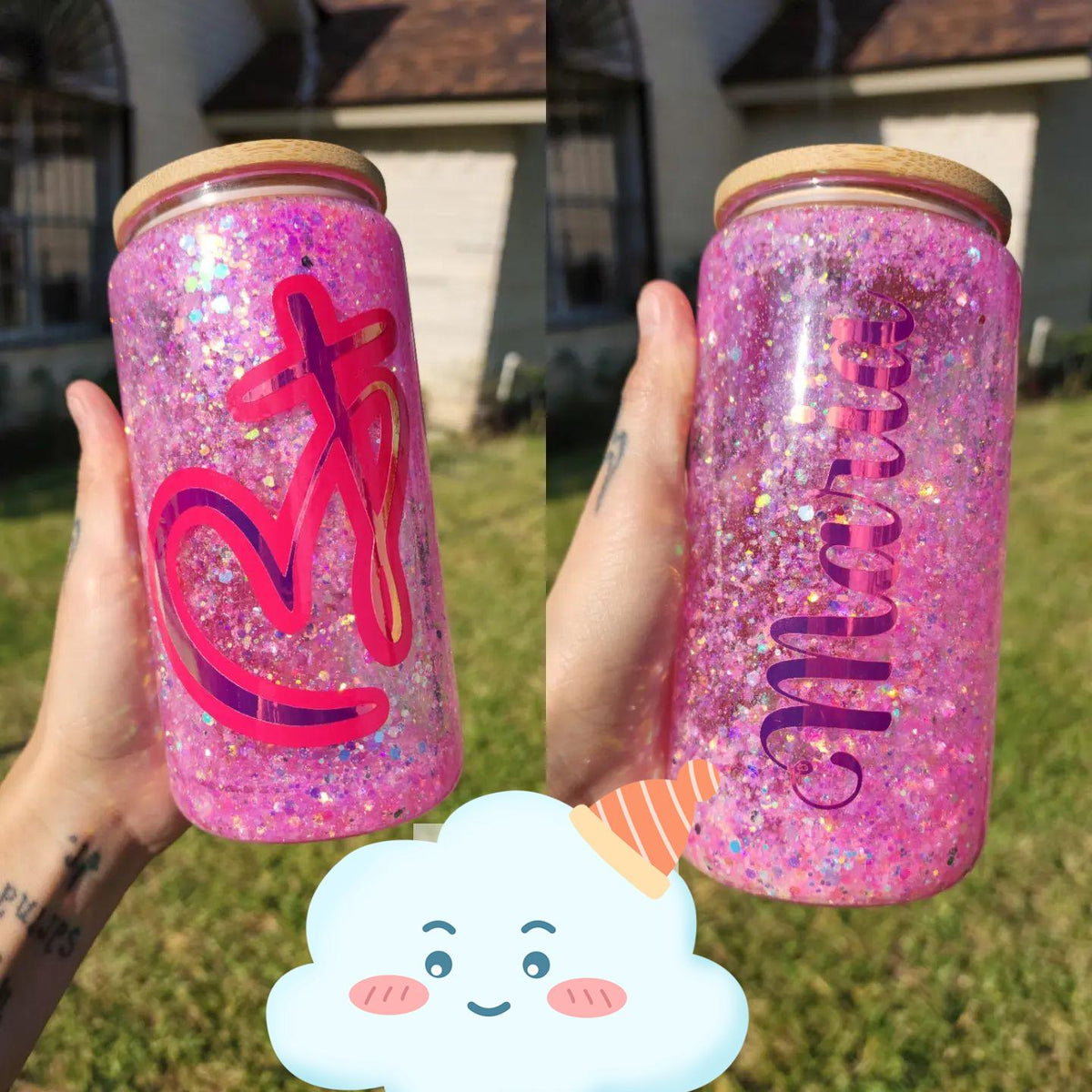 16oz Sublimation blank Snow Globe Dual layer glass Jar Cans Tumblers (Includes Bamboo Lid & Straw)