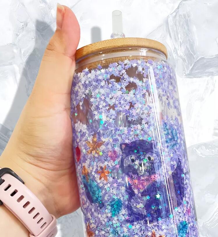 16oz Sublimation blank Snow Globe Dual layer glass Jar Cans Tumblers (Includes Bamboo Lid & Straw)
