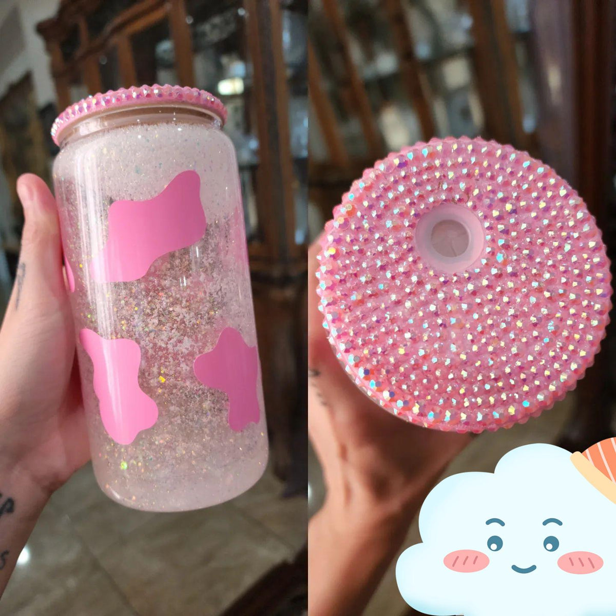 16oz Sublimation blank Snow Globe Dual layer glass Jar Cans Tumblers (Includes Bamboo Lid & Straw)