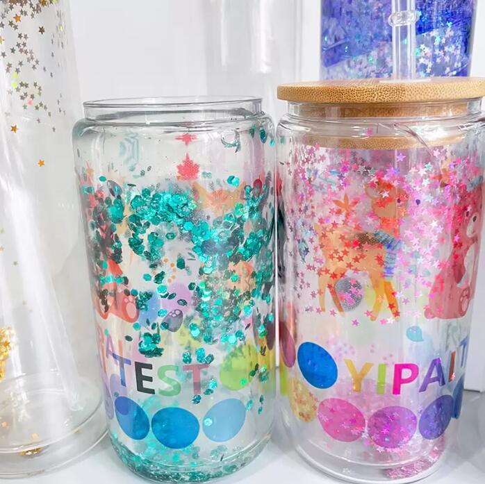 16oz Sublimation blank Snow Globe Dual layer glass Jar Cans Tumblers (Includes Bamboo Lid & Straw)