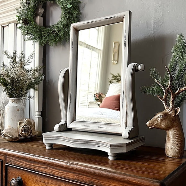 Distressed White Adjustable Wood Vanity Mirror