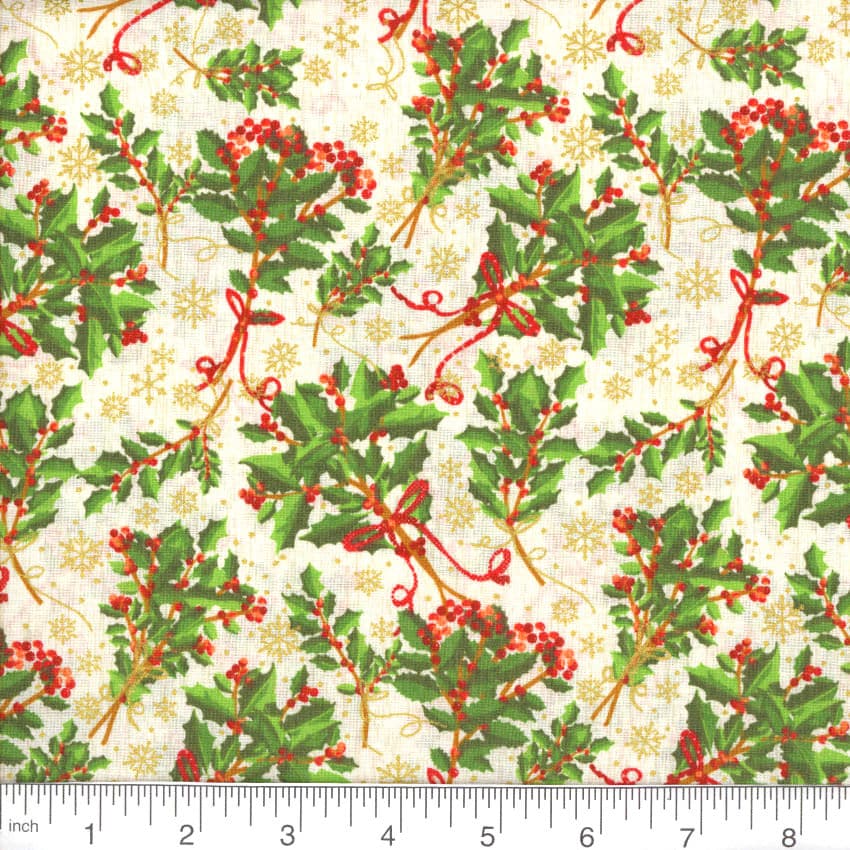 Christmas Holly and Gold Metallic Snowflakes on White Ivory