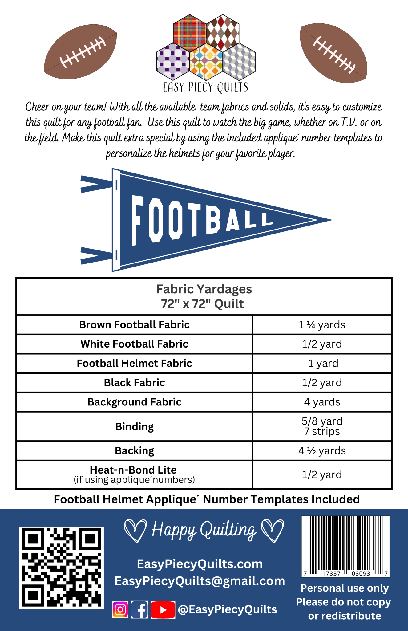 Team Football Quilt Pattern - Paper Print Version